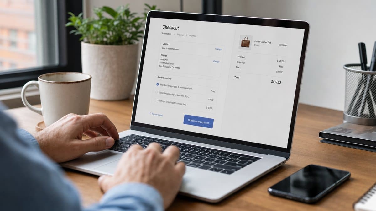Laptop showing a simple ecommerce checkout page with a clear call to action