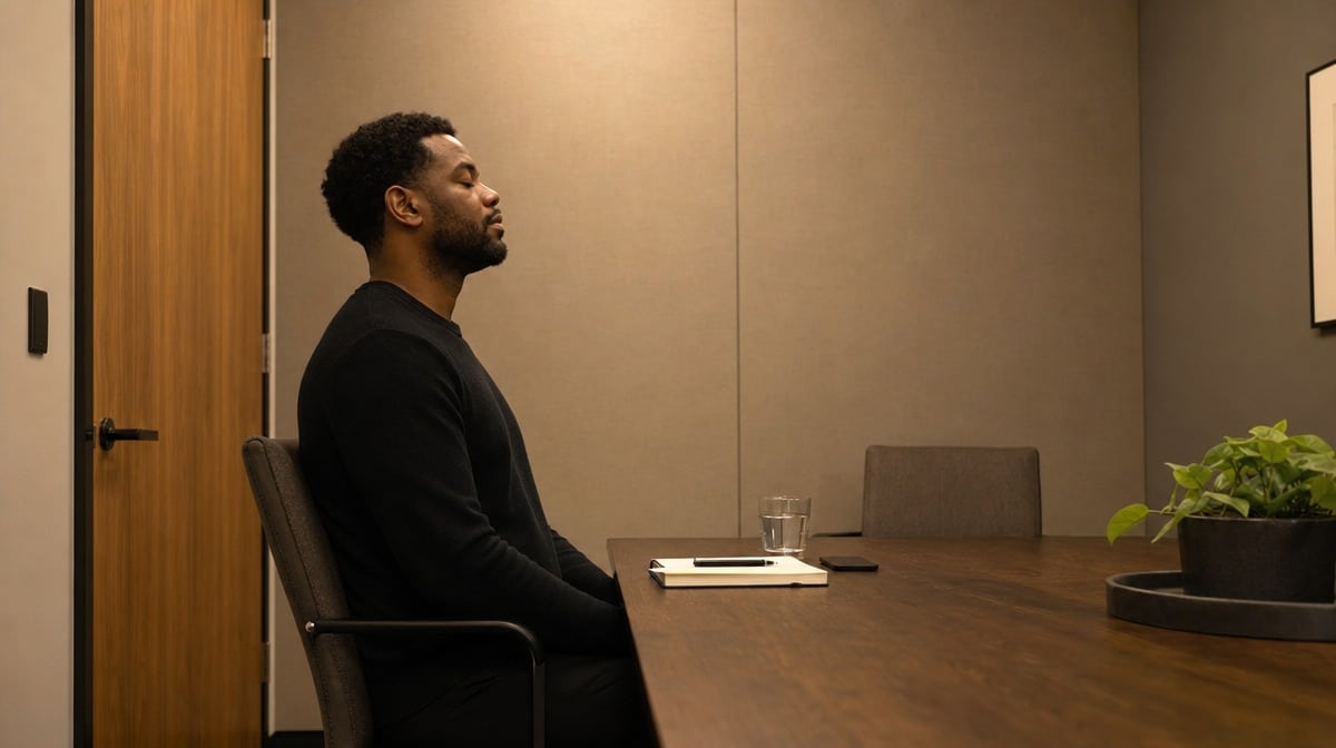 Employee practicing mindful breathing in a quiet office meeting room