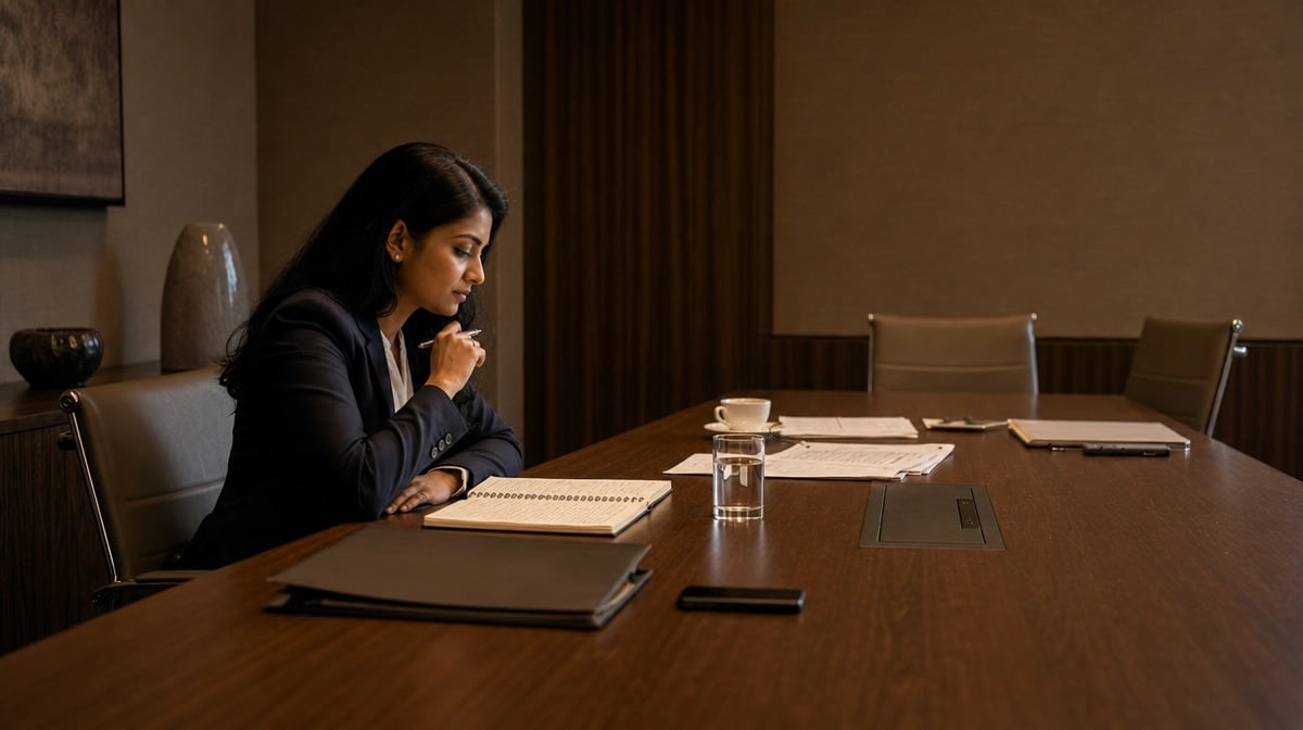 Business leader reflecting calmly before making an important decision