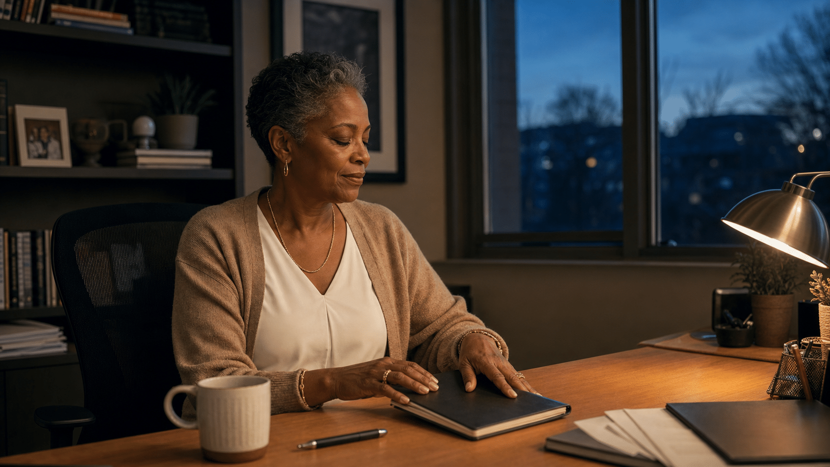 Business professional ending the workday calmly after a mindful pause