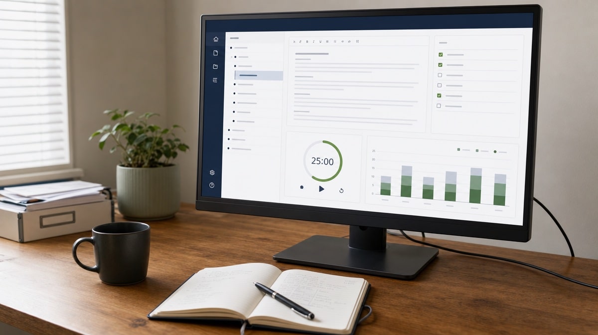 Writing workflow dashboard with an outline, task checklist, focus timer, and progress chart