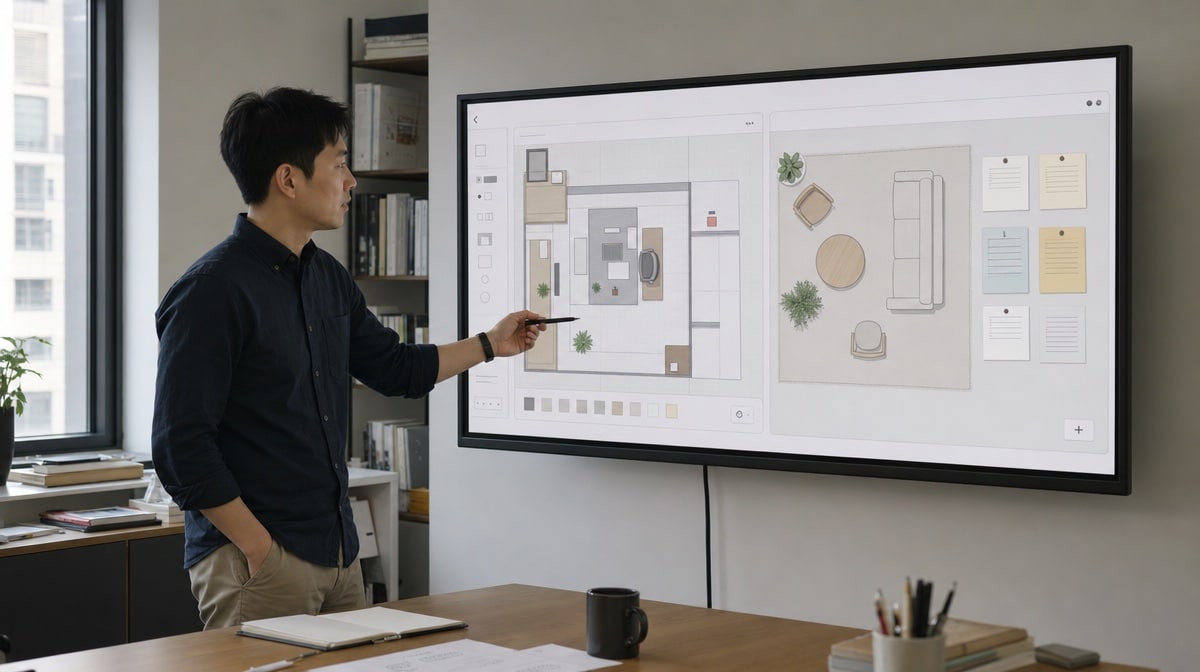 Writer reviewing a two-zone workspace plan with separate computer and idea areas