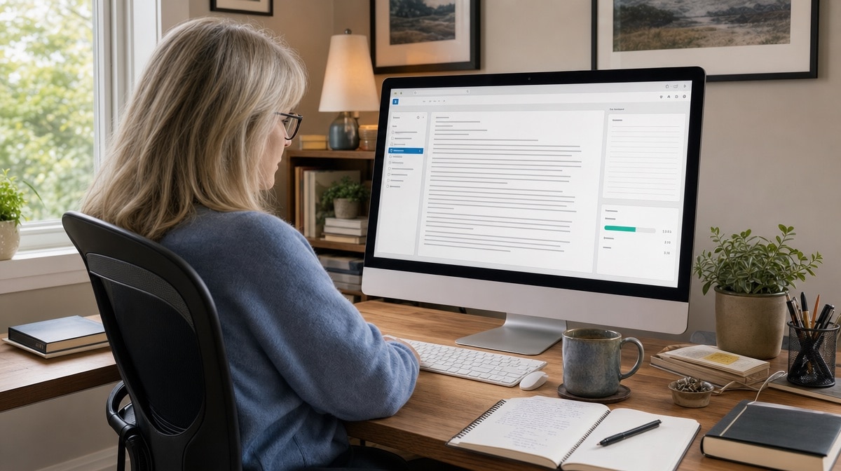 Writer using an organized computer zone with a draft, notes, and task panel on screen