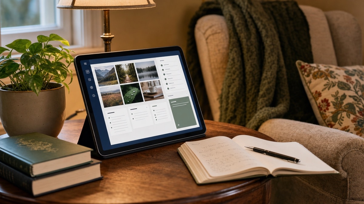Tablet idea board in a comfortable non-computer reading and inspiration zone