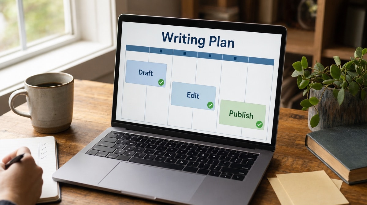Weekly writing plan with draft, edit, and publish tasks scheduled on a laptop calendar