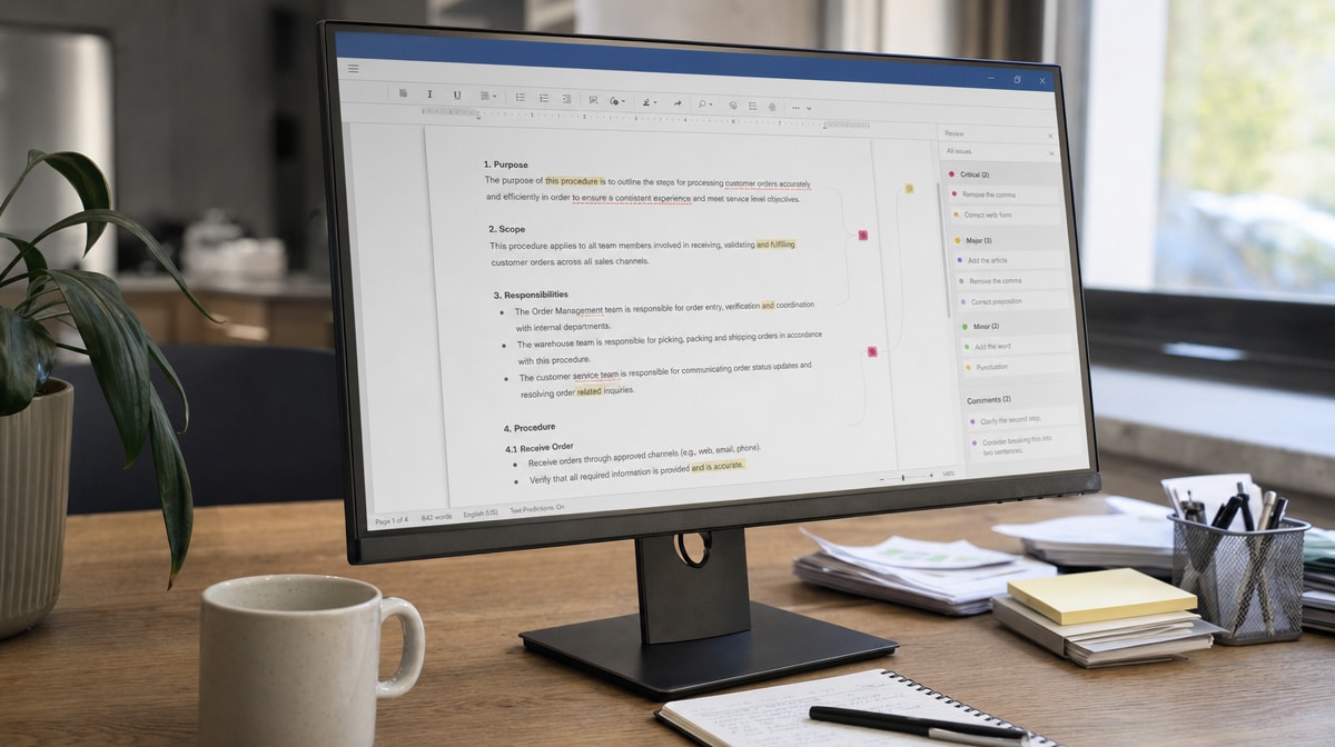 Document editor highlighting common grammar mistakes in a business procedure