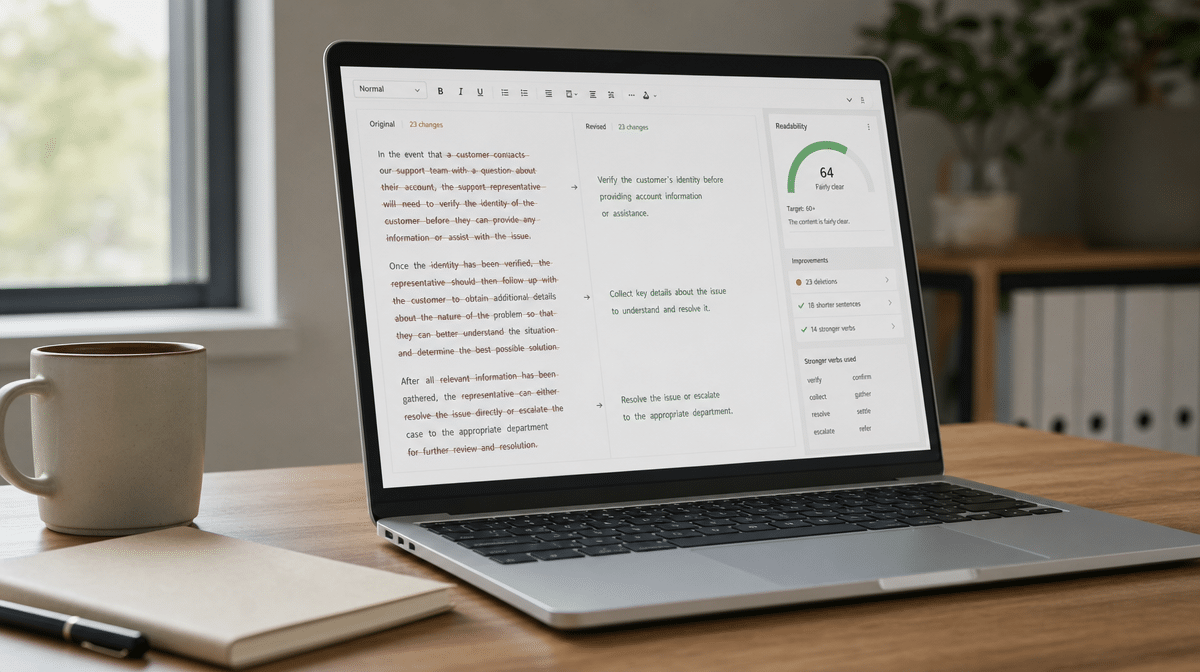 Editing software showing wordy phrases and stronger verb choices in a procedure