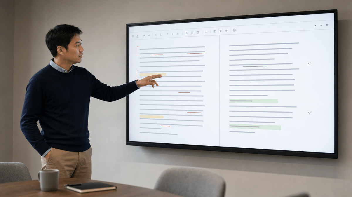 Manager comparing an unclear sentence with a corrected version on a display