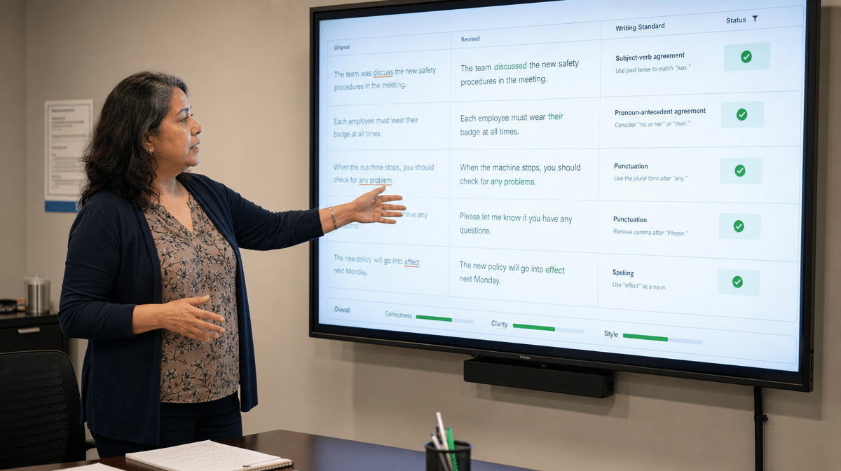 Workplace trainer reviewing grammar agreement and punctuation examples on a screen