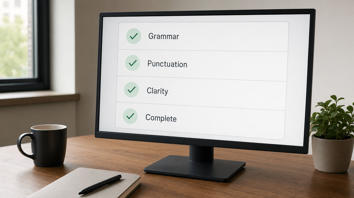 Proofreading checklist for grammar punctuation and clarity on an office monitor