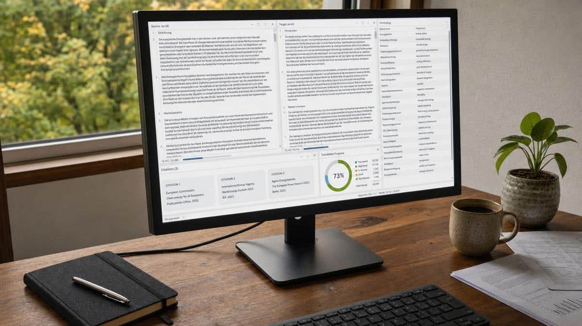 Translation research workspace with source and translated document panels