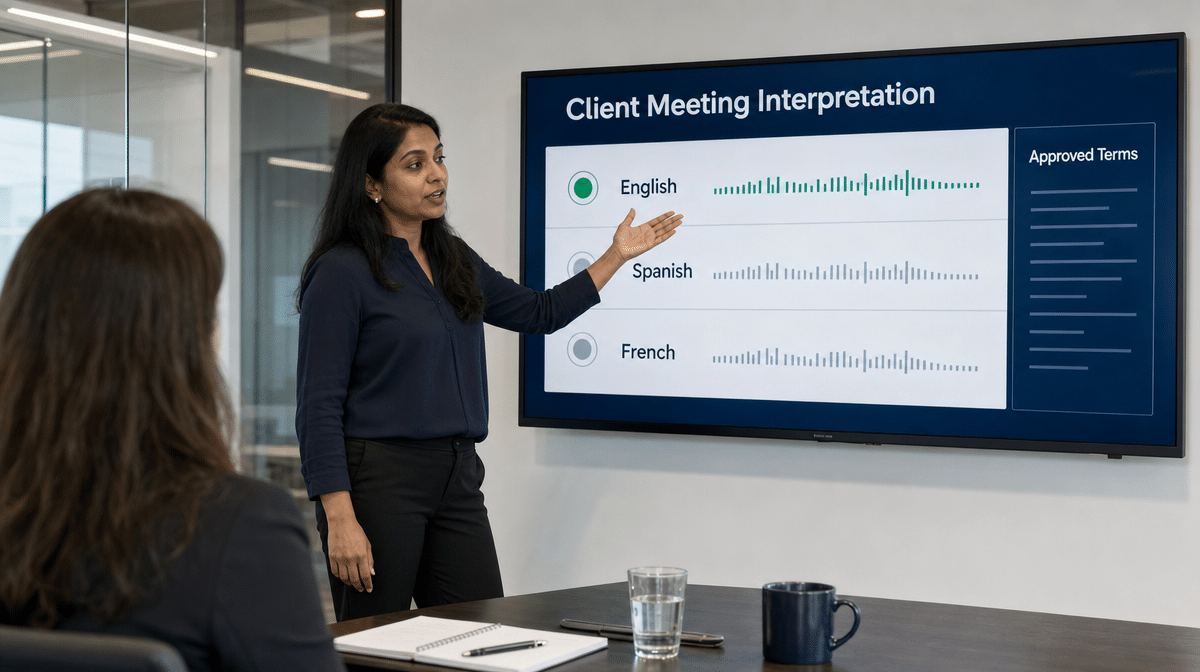 Interpreter reviewing multilingual client meeting channels