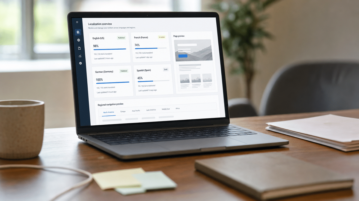 Website localization dashboard on a content editor laptop