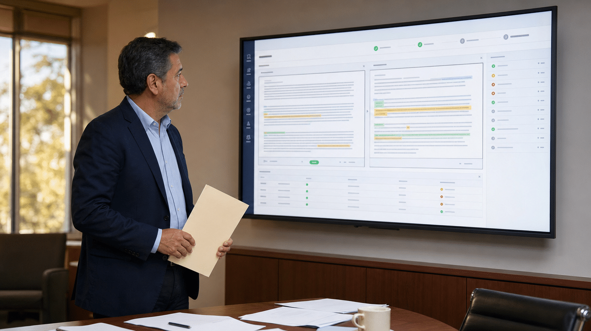Legal reviewer comparing translated contract clauses on a display