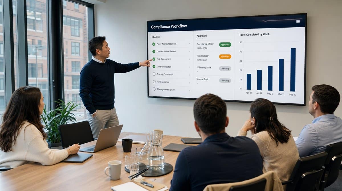 Compliance workflow dashboard with approval steps on a meeting-room wall display