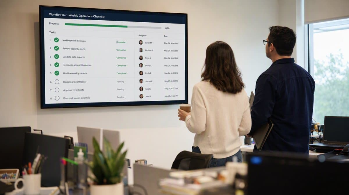 Recurring compliance checklist workflow on a wall display in an operations area