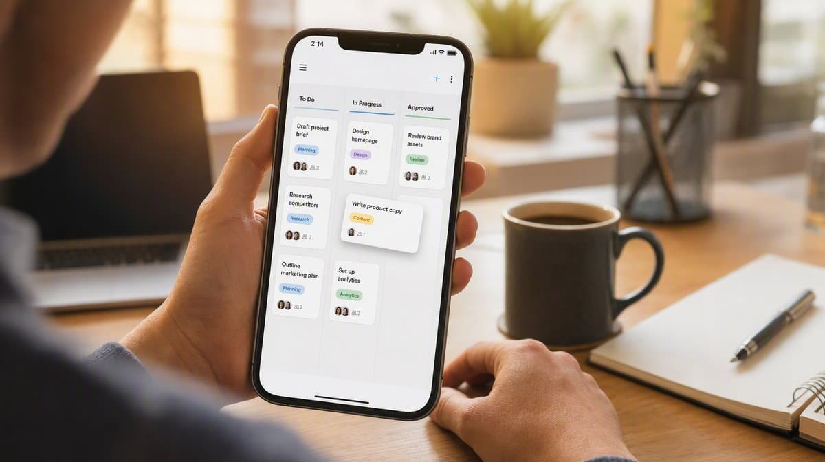 Kanban-style compliance process board on a phone held in hand