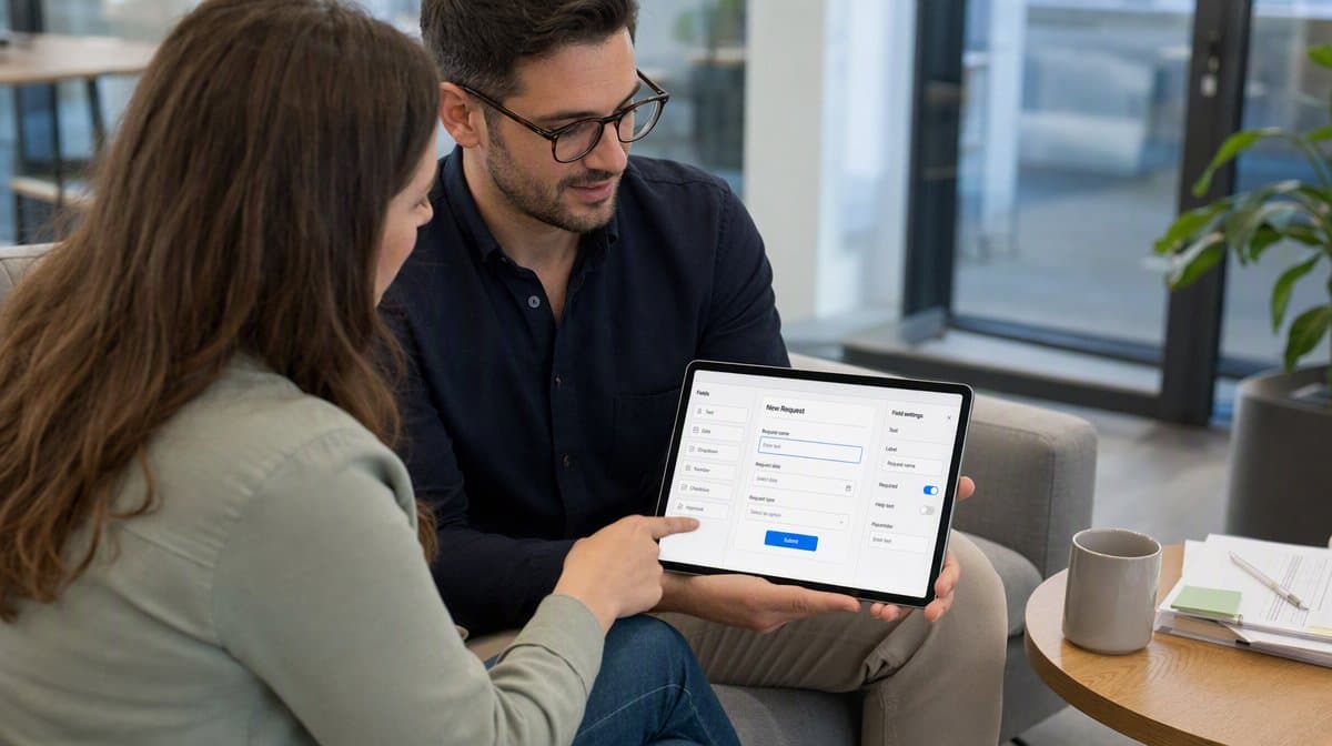 No-code workflow form builder on a tablet shared by two colleagues