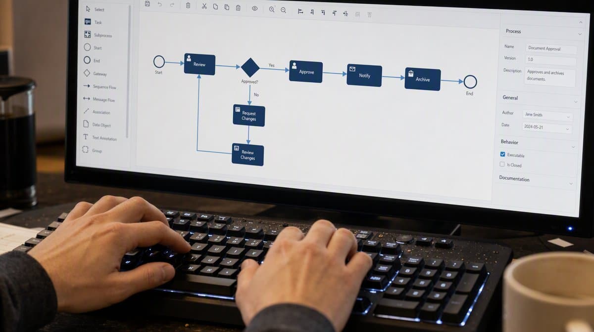 Process automation designer with connected nodes on a monitor above hands on a keyboard