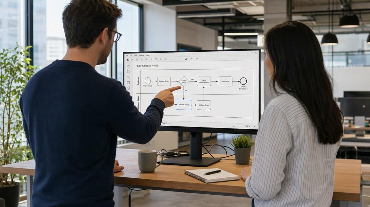 BPMN process diagram on an external monitor at a standing desk