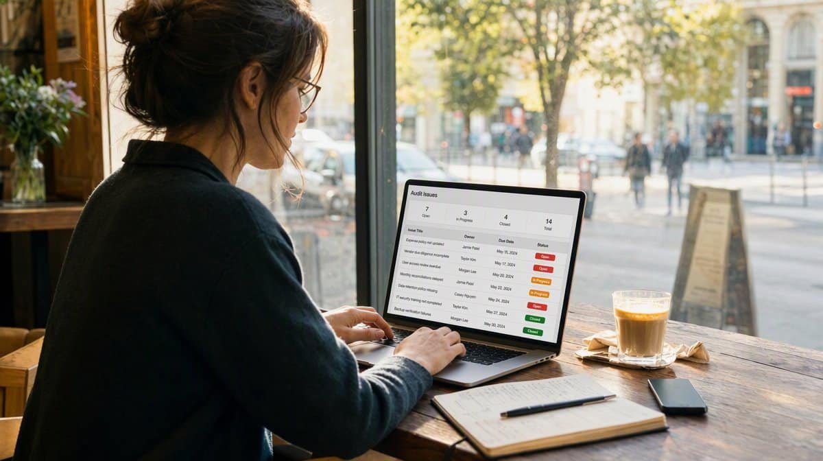 Audit issues tracker on a laptop at a cafe window seat