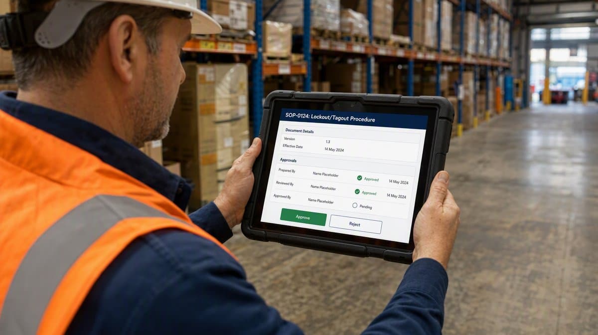 Document control and SOP approval screen on a rugged tablet held on a warehouse floor