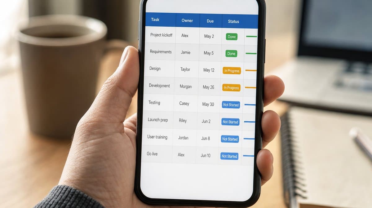 Grid-style compliance tracker on a phone held in hand with a desk blurred behind