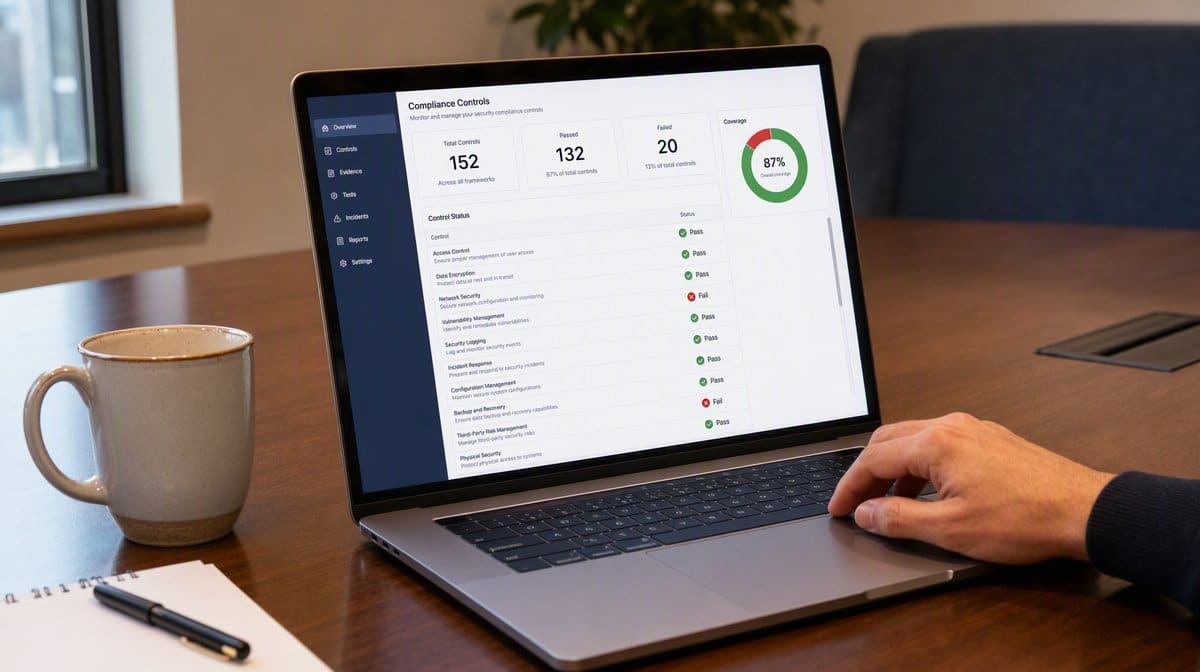 Security compliance controls monitoring dashboard on a laptop on a conference table