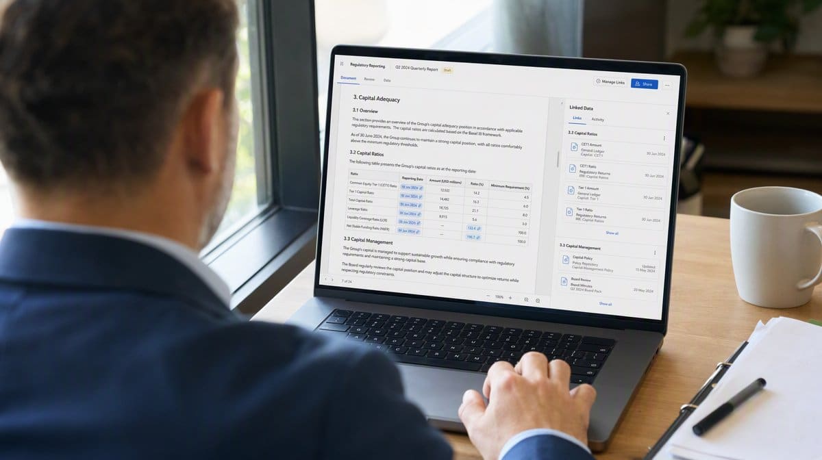 Regulatory reporting document with linked data on a laptop by a bright window