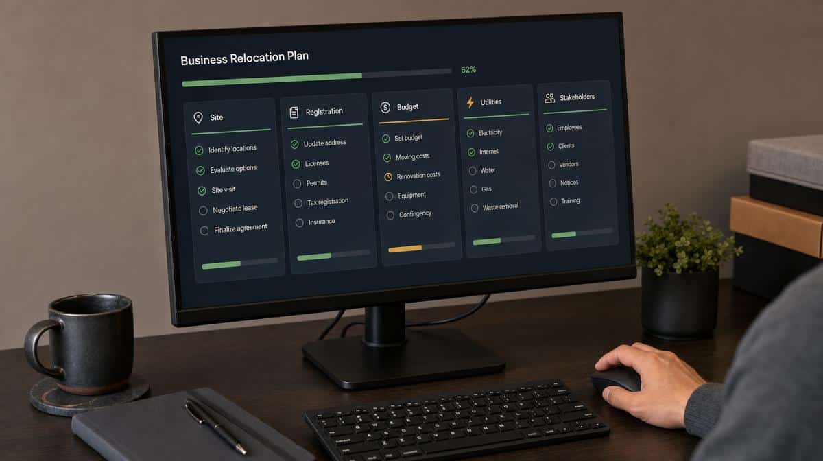 Business relocation checklist displayed on an office monitor