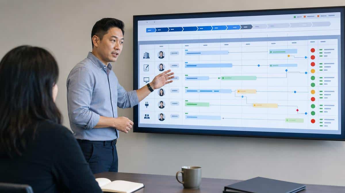 Manager assigning business relocation responsibilities using a project dashboard