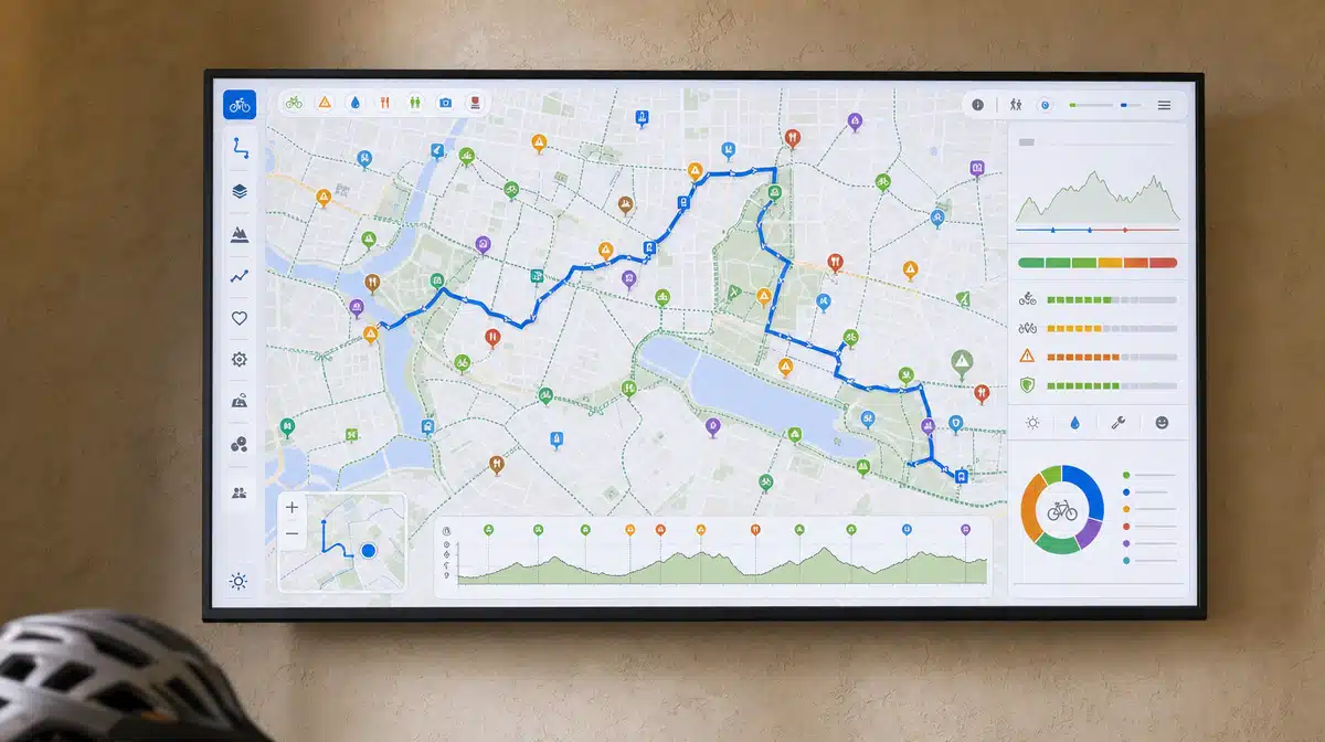 Bicycle tour route dashboard displayed in a small tour office