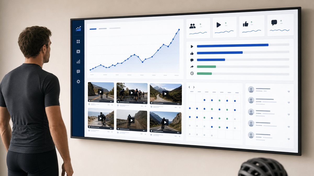 Cycling creator reviewing video performance on a wall display