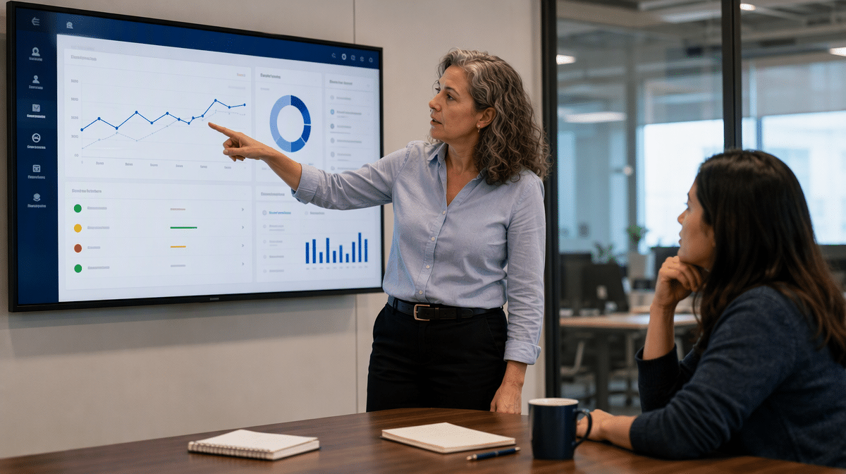 Quality leader reviewing audit and corrective-action metrics with a colleague