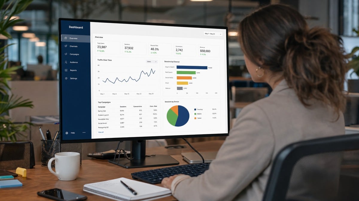 Marketer reviewing a multi-channel digital marketing analytics dashboard on a desktop monitor