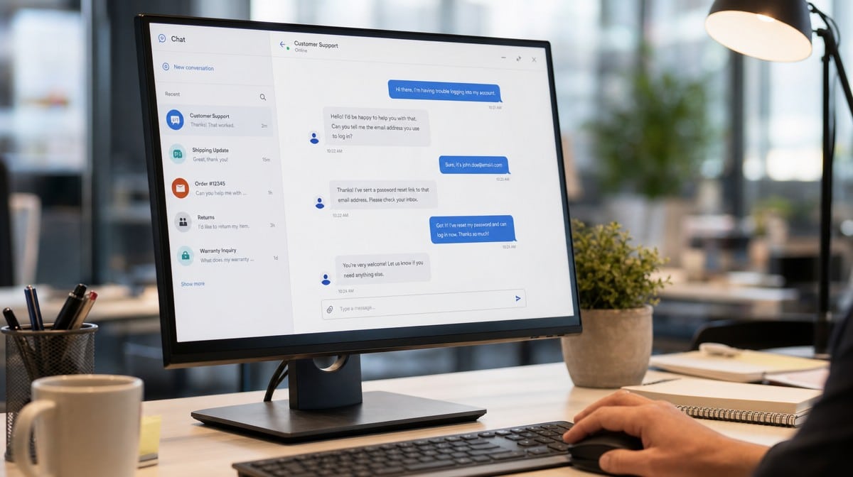 Customer service chatbot conversation displayed on an office desktop monitor