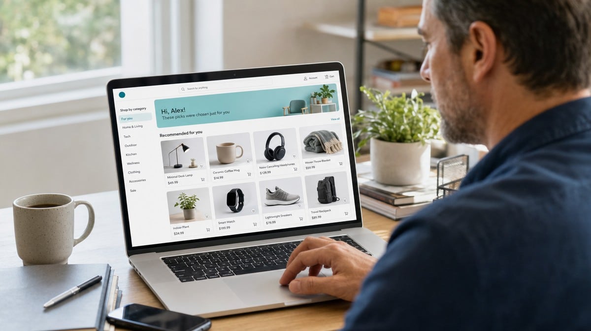 Laptop showing personalized e-commerce product recommendations for a shopper