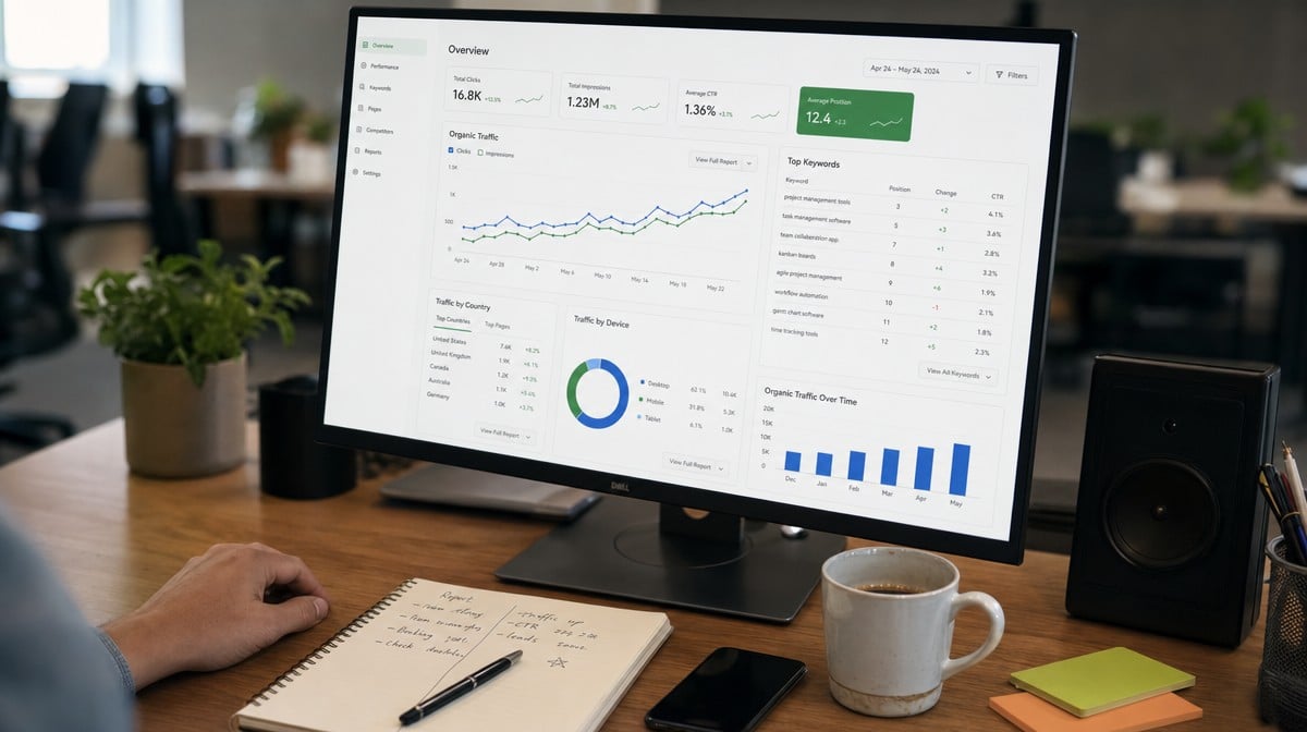 SEO analytics dashboard with keyword rankings and organic traffic on a monitor