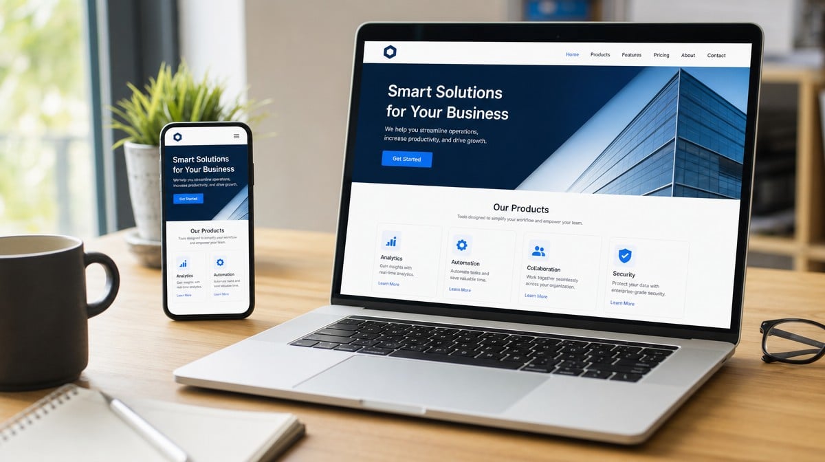 Responsive business website shown on a smartphone and a laptop on a desk