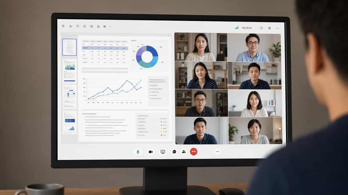 Remote team lead running a virtual meeting from a home office