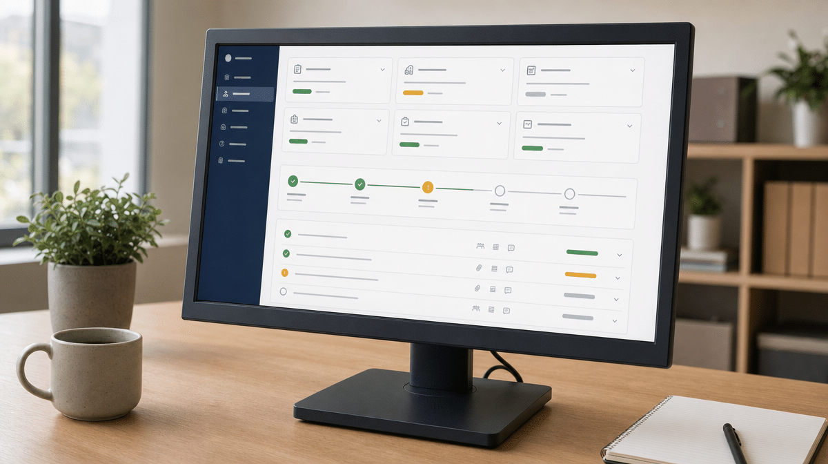 Employee onboarding policy structure and approval dashboard on an office monitor