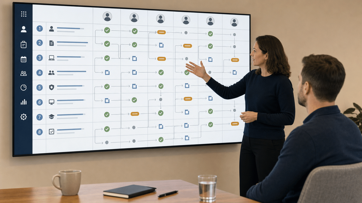 HR leader presenting onboarding policy responsibilities and approvals to a manager