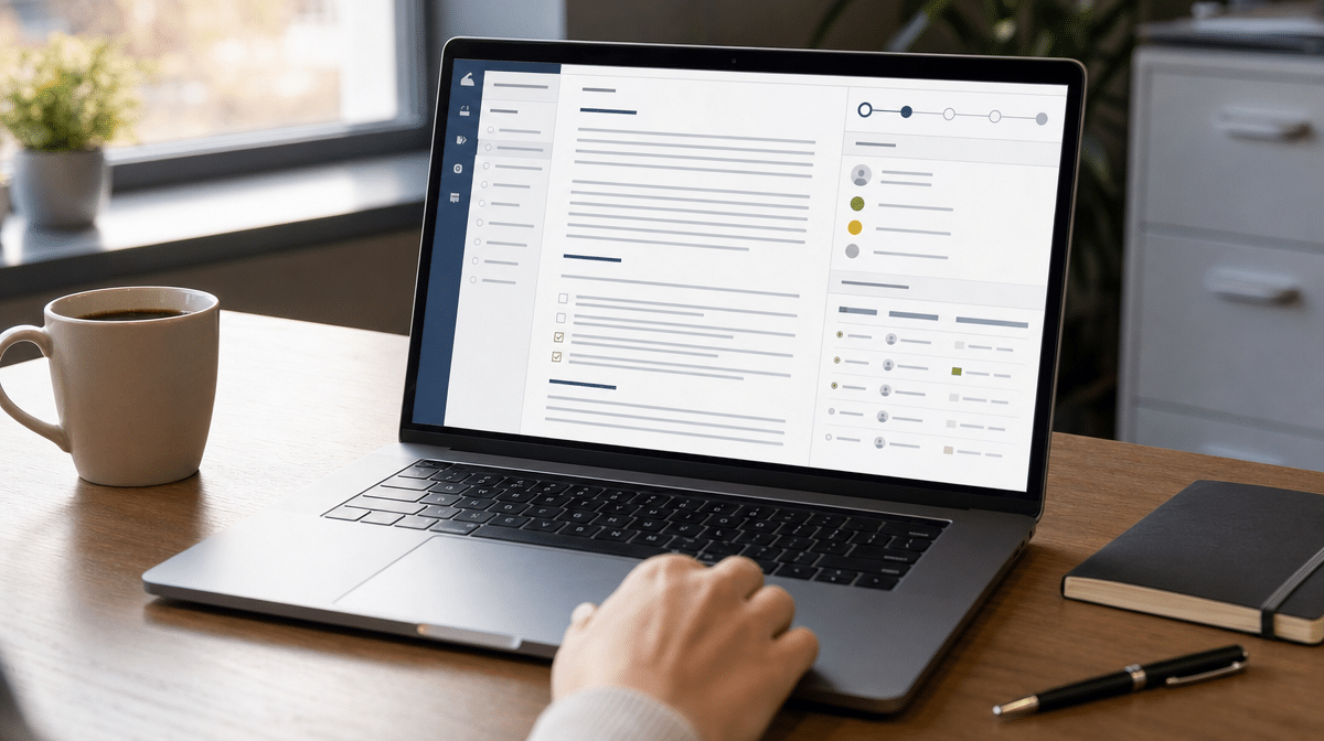 Controlled employee onboarding policy drafting workflow on an office laptop