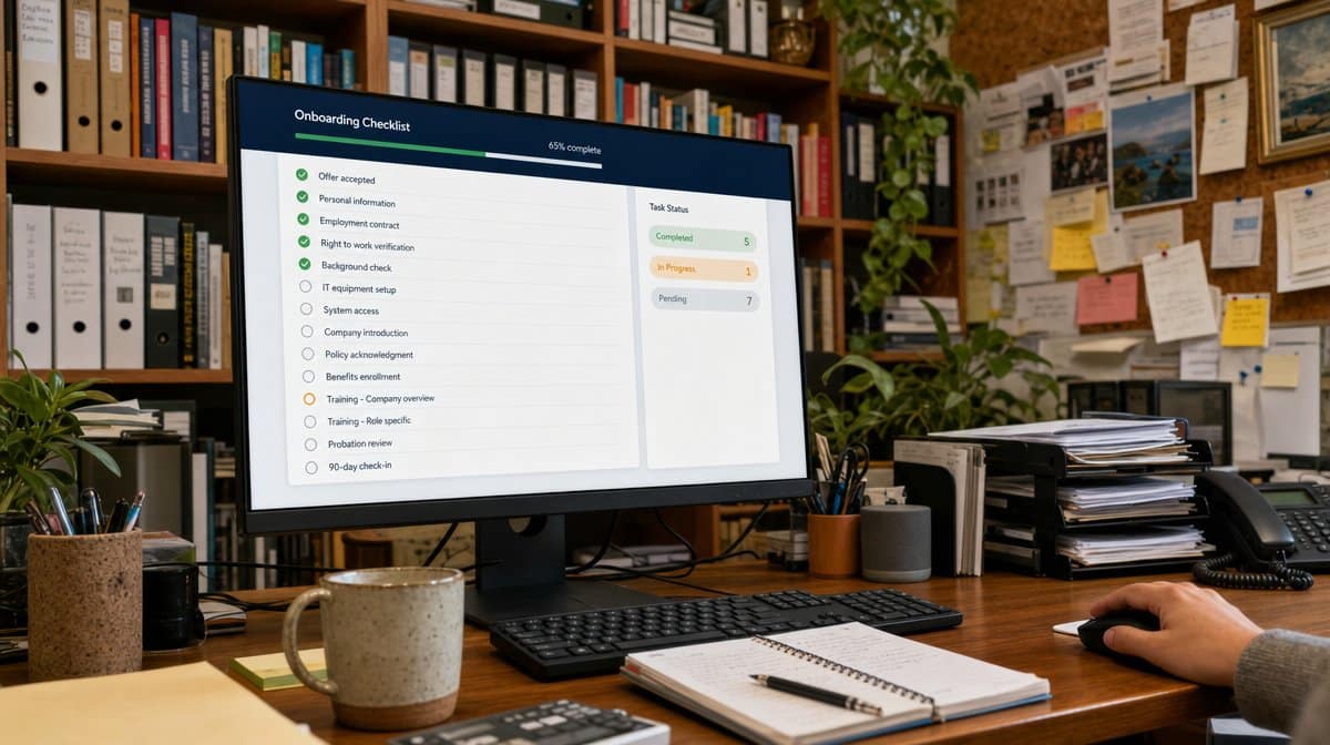 Employee onboarding checklist dashboard displayed on a monitor in an HR office