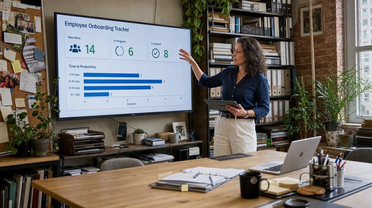 Manager presenting an employee onboarding tracker showing time to productivity by stage