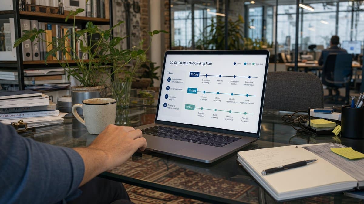 Laptop displaying a 30-60-90 day employee onboarding plan on a meeting room table