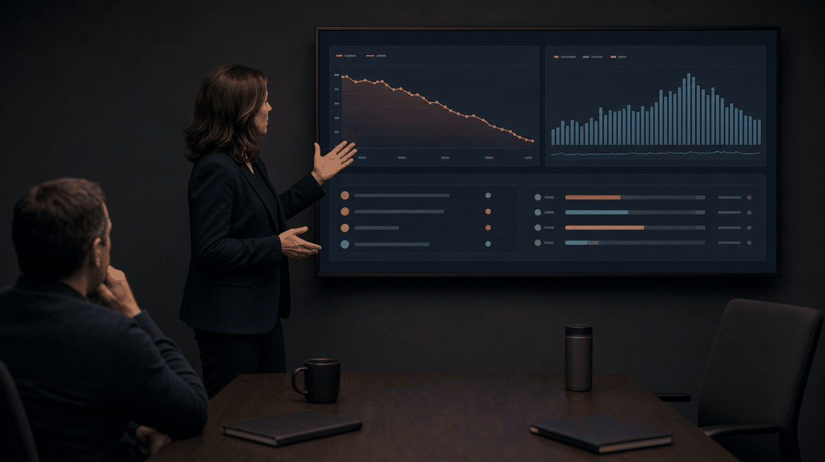 Communications manager reviewing a reputational crisis dashboard with a colleague.
