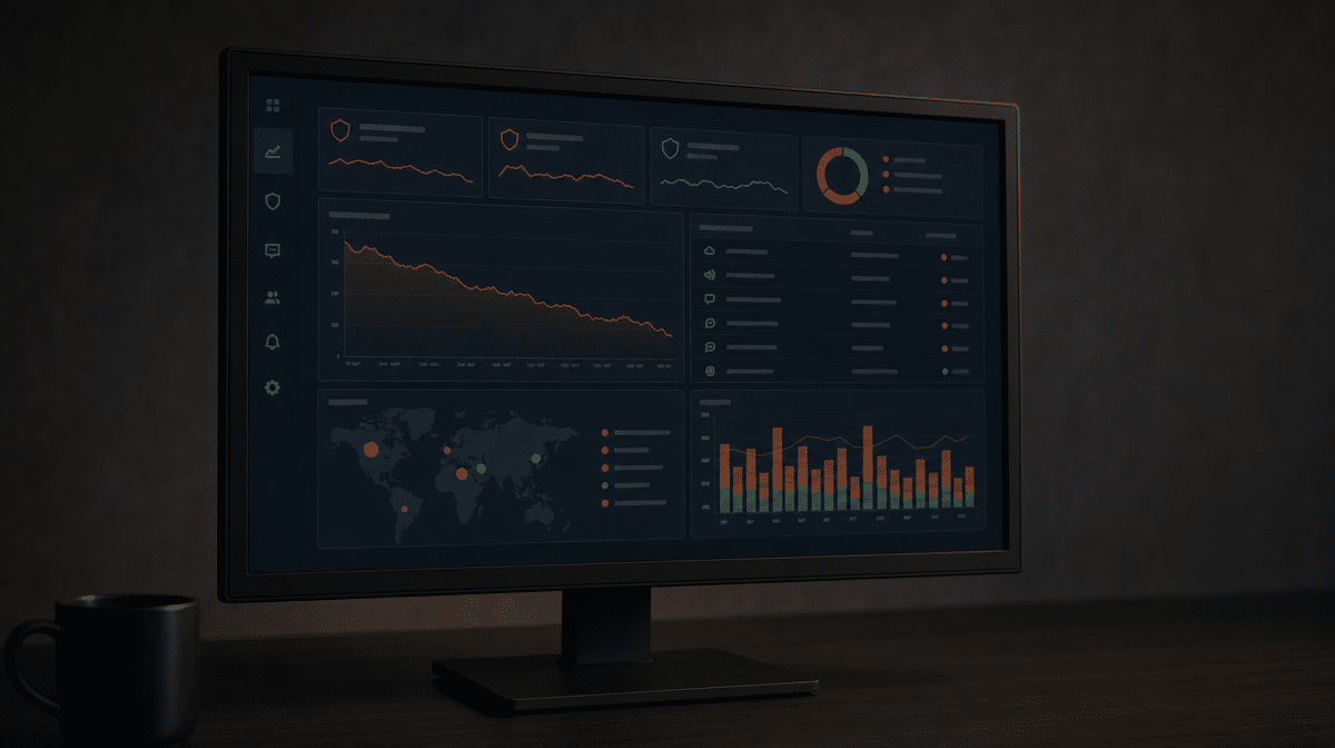 Reputation risk dashboard showing declining trust and a source verification queue.