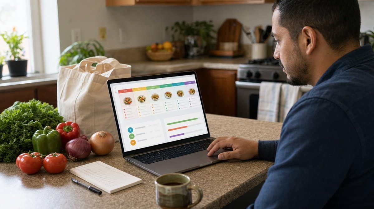 Weekly meal plan and grocery budget displayed on a kitchen laptop