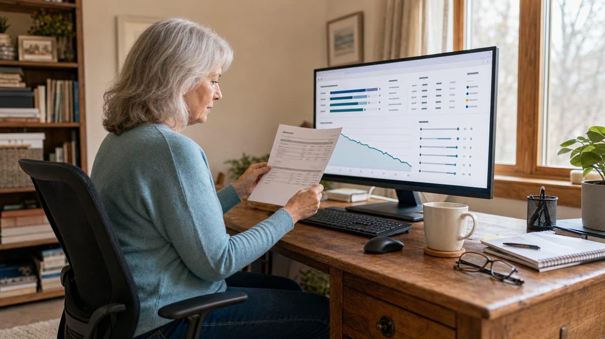 Business owner reviewing a debt payoff dashboard and account statement